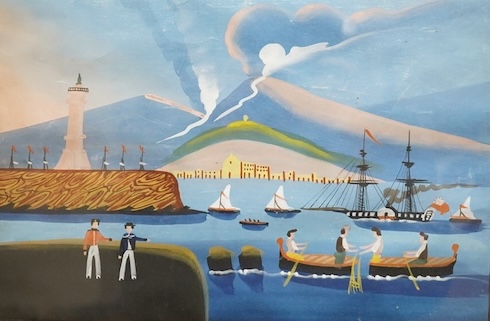 Neapolitan School, The Bay of Naples before Vesuvius erupting, naive gouache, maple framed, 26 x 38cm